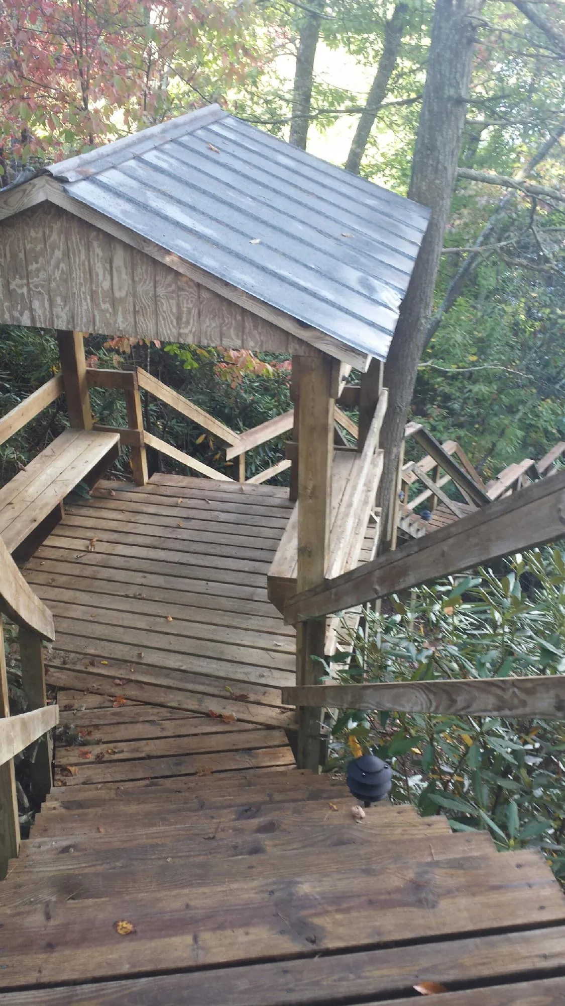 Metal roofed shelter over wooden steps on a wooded walkway — Skylight Repair & Installation work by our crew in Coyote